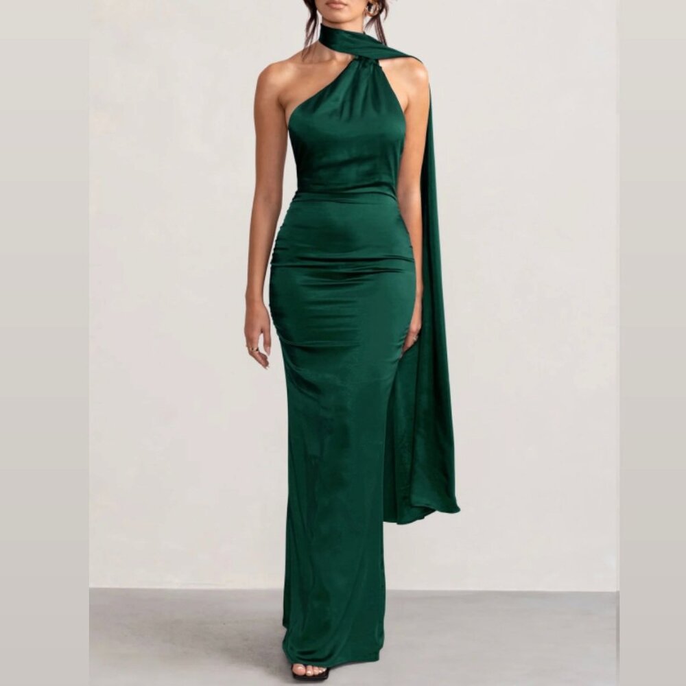 Mademoiselle Green Satin Asymmetric Backless Maxi Dress with Scarf